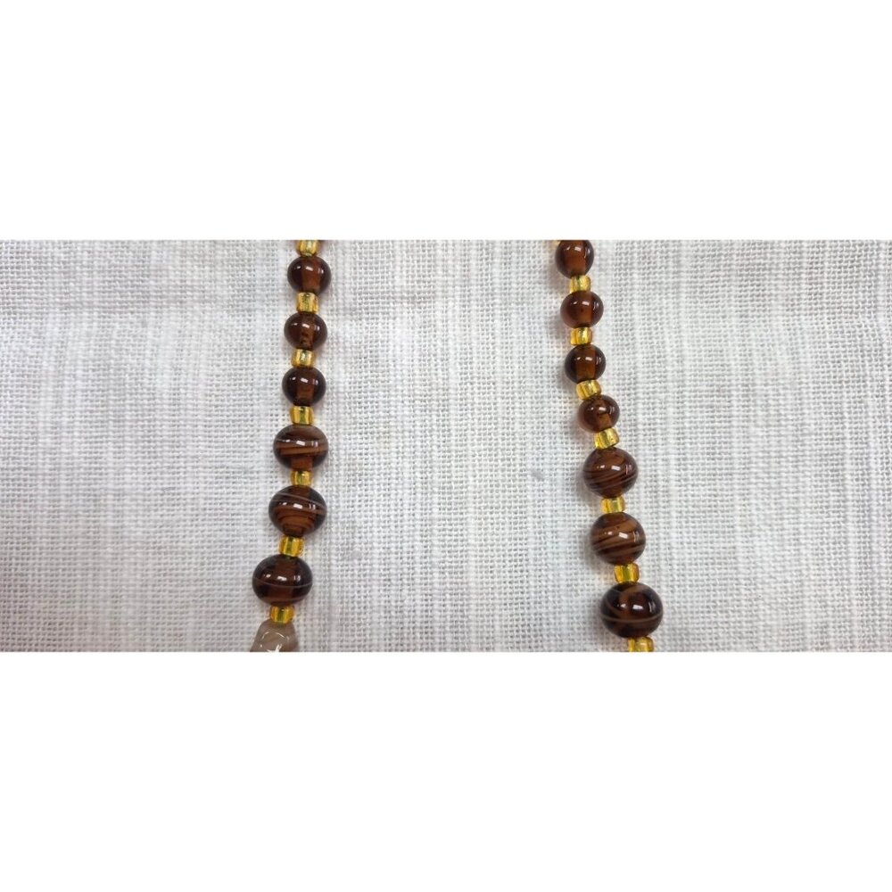 Vintage Long Beaded Necklace Brown & Cream Agate-Like Beads Glass Accents & Gold - Picture 9 of 9